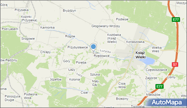 mapa Rzędowice, Rzędowice gmina Książ Wielki na mapie Targeo